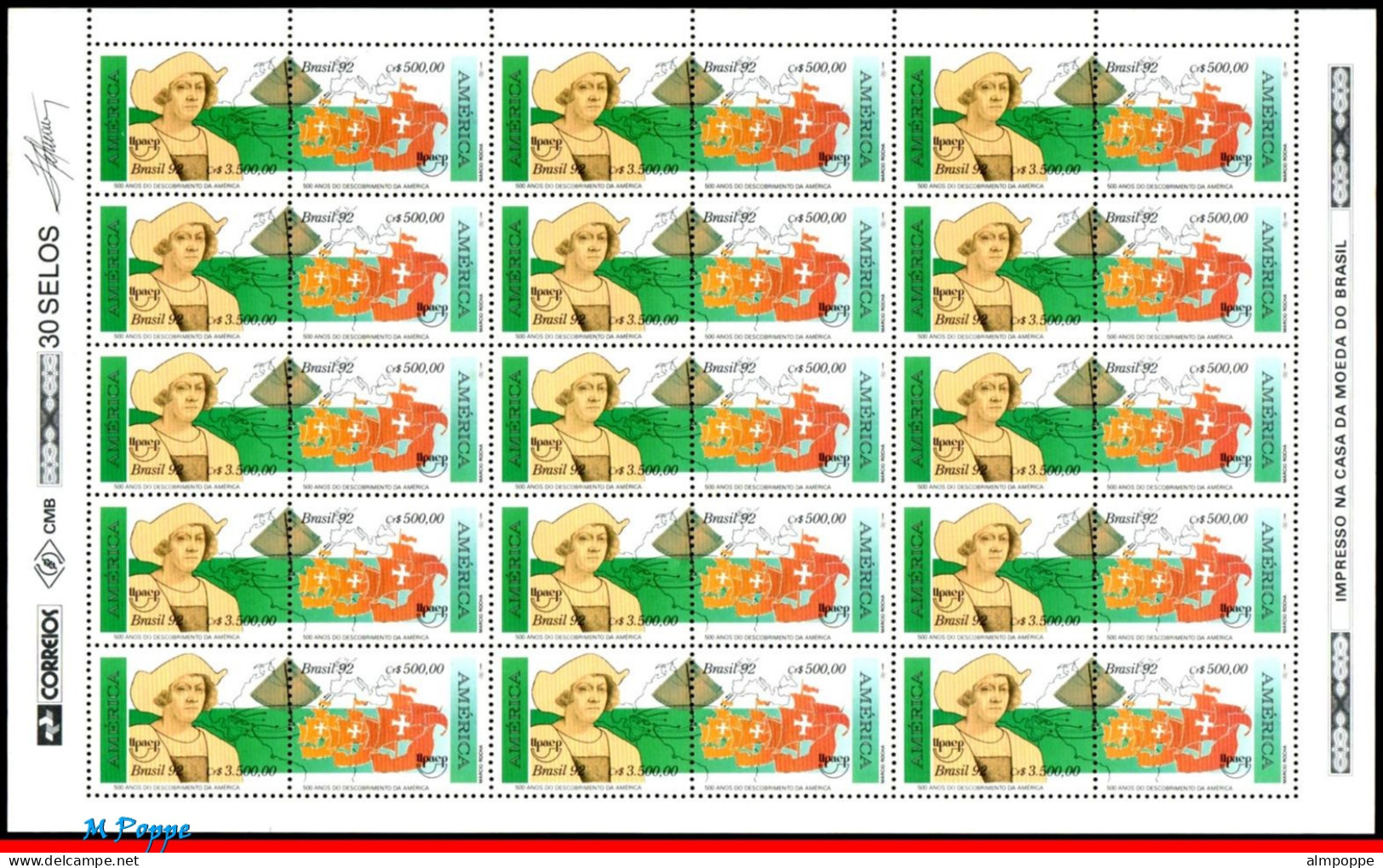 Ref. BR-2361A-FO BRAZIL 1992 - DISCOVERY AMERICA,SKIPS,V.GAMA,UPAEP,MI# 2466-67,SHEET MNH, HISTORY 30V Sc# 2360-2361 - Blocks & Kleinbögen