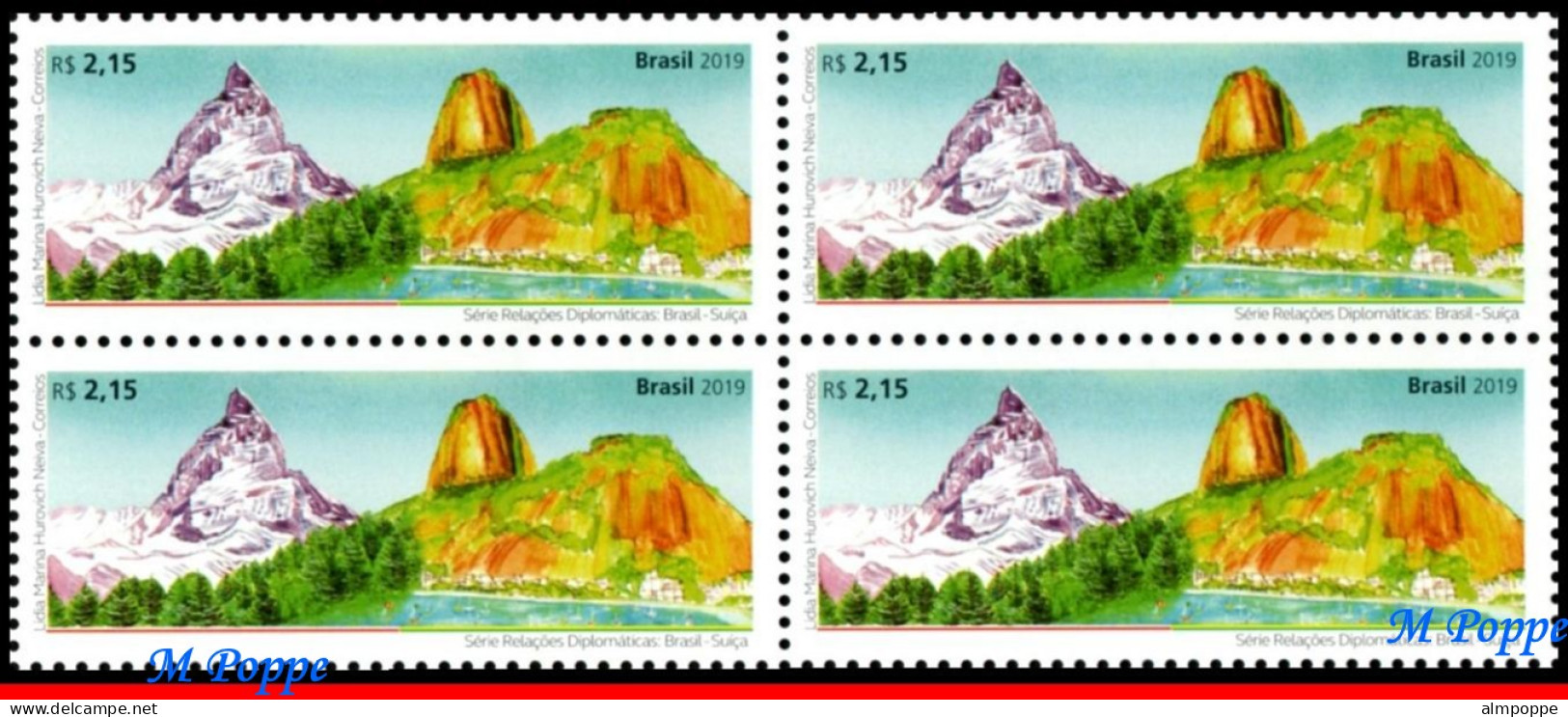 Ref. BR-V2019-29-Q BRAZIL 2019 - WITH SWITZERLAND, PAO DEA��CAR & MATTERHORN, MOUNTAINS,BLOCK MNH, RELATIONSHIP 4V - Blocs-feuillets