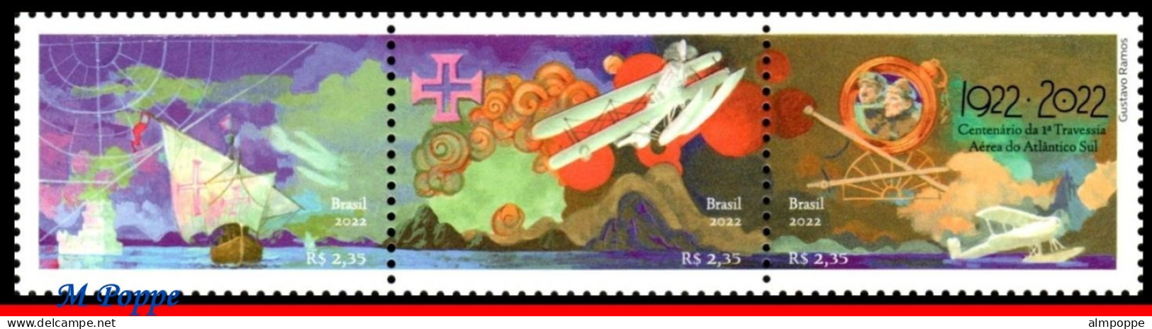 Ref. BR-V2022-11+E BRAZIL 2022 - CENT. 1ST SOUTH ATLANTICAIR CROSSING, AVIATION, MNH + BROCHURE, TRANSPORT 3V - Ongebruikt