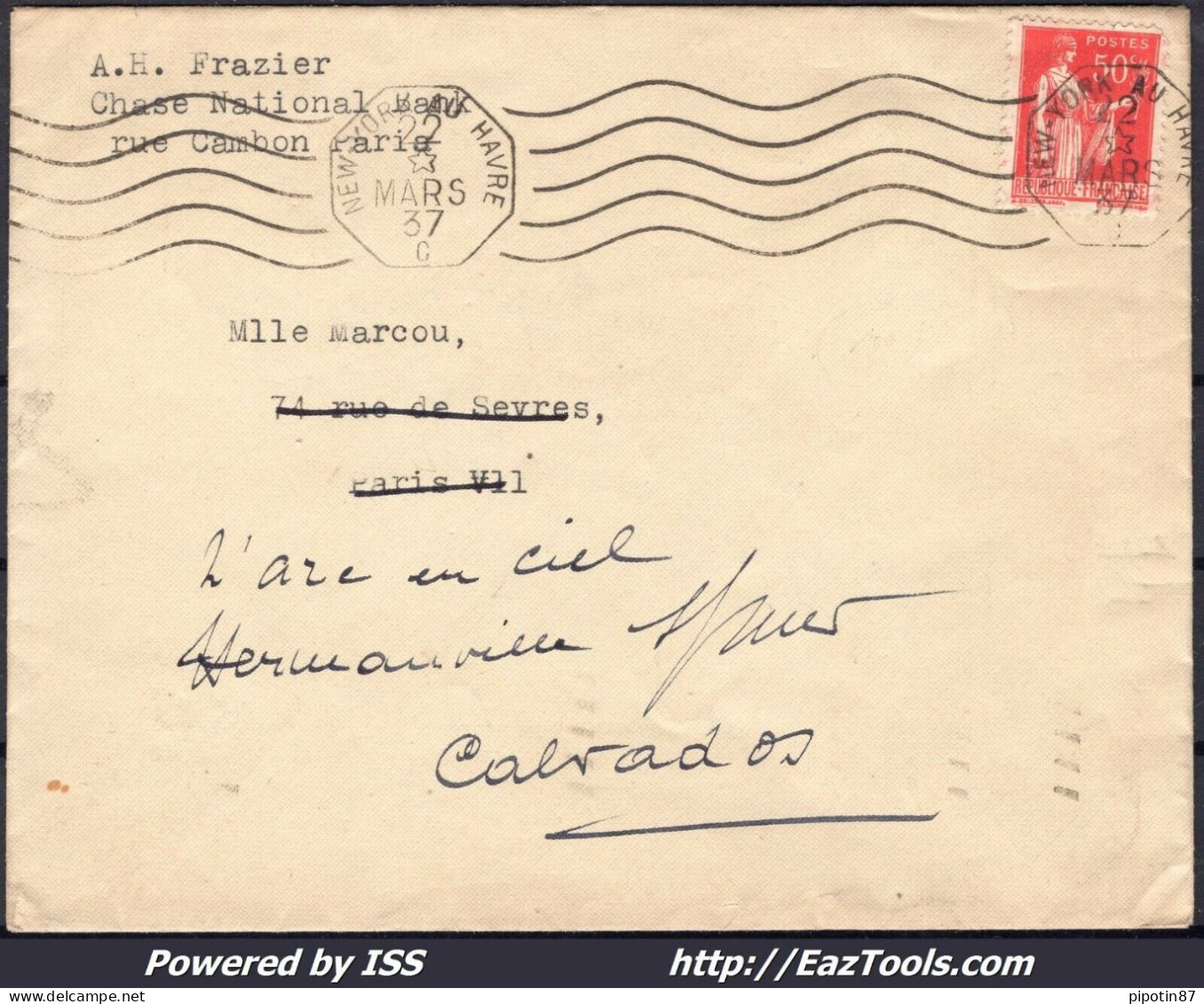 FRANCE N°283 SEUL SUR LETTRE CACHET OCTOGONAL NEW YORK AU HAVRE DU 22/03/1937 - Briefe U. Dokumente