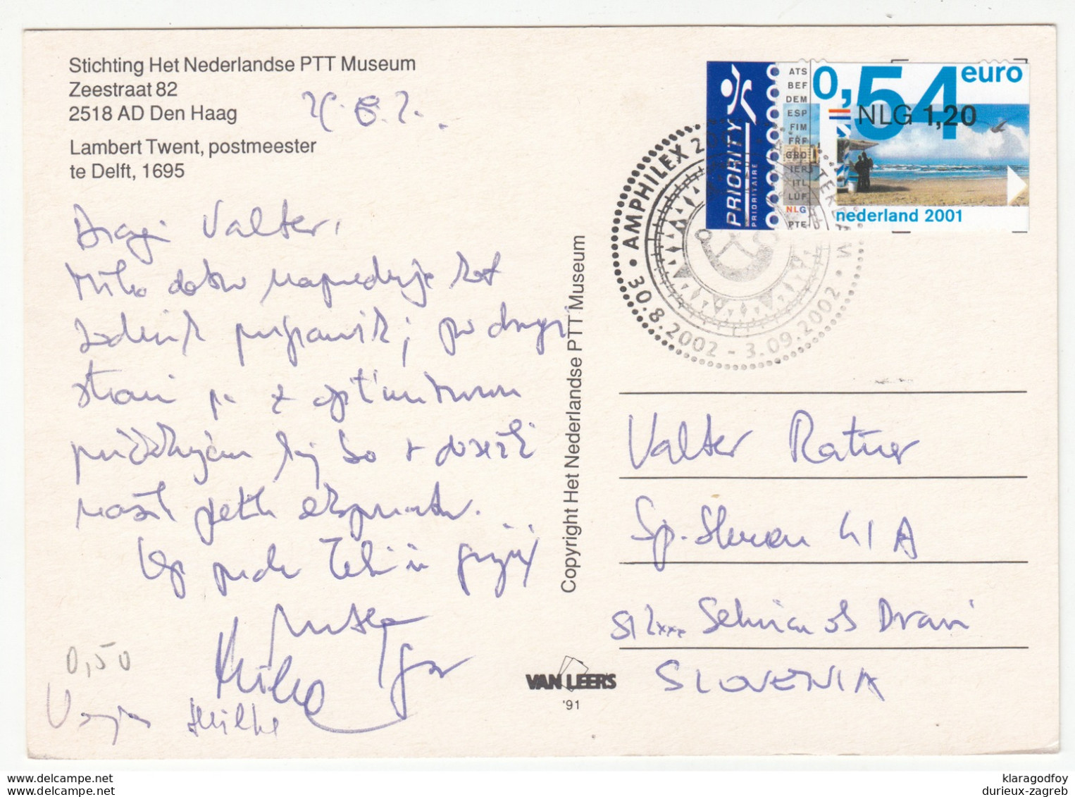 Netherlands, Amphilex Postmark On Delft Postmaster Lambert Twent Postcard Travelled 2002 B180625 - Lettres & Documents