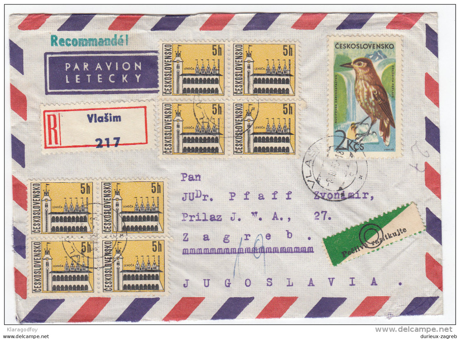 Animals Stamps On Registered Air Mail Letter Cover Travelled 1966 Czechoslovakia To Yugoslavia Bb160301 - Moineaux