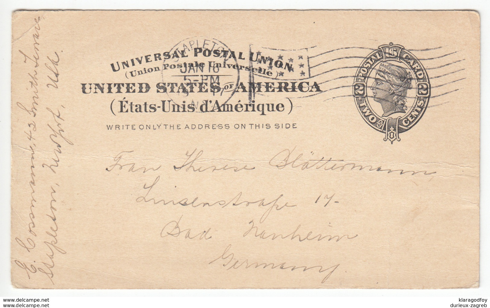 US Postal Stationery Postcard Travelled 1917 Stapleton, NY To Bad Manheim, Germany UX7 Liberty Bb161110 - 1901-20