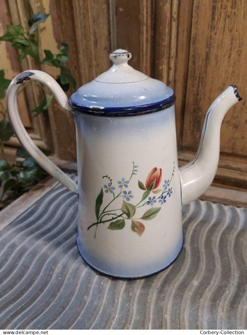 Ancienne Cafetière Émaillée Décor Fleurs Roses - Autres & Non Classés