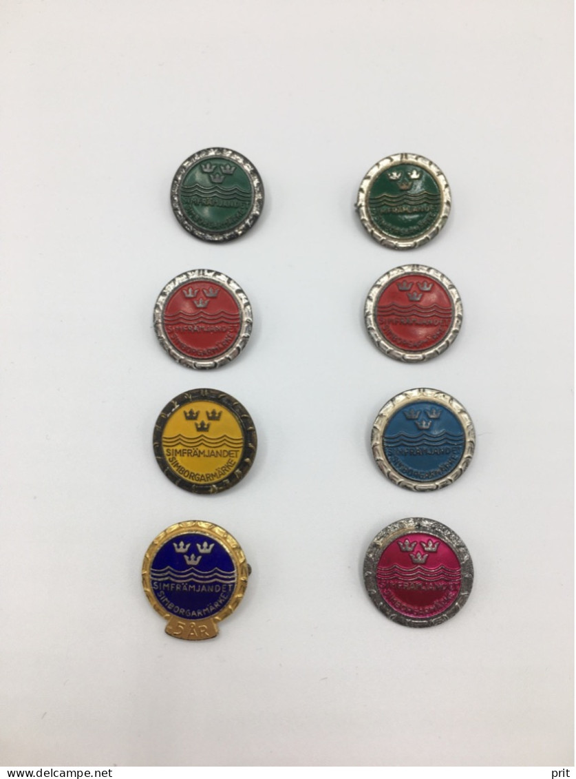 Simborgarmärket, Sweden 200m Swimming Pins, Collection Of 8 Vintage Metal Pins - Swimming