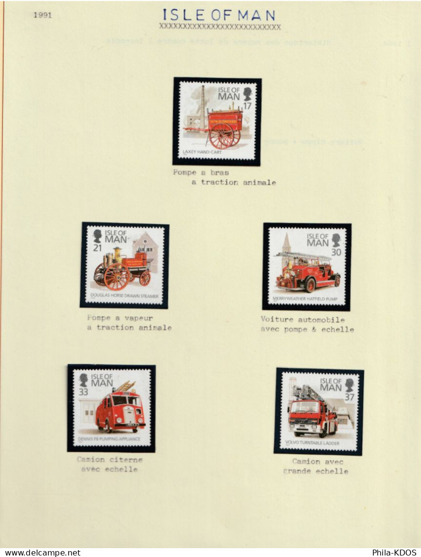 " VEHICULES DE SAPEURS-POMPIERS " Sur Lot De 5 Timbres Neufs ** MNH De ISLE OF MAN. Avec Nom Du Véhicule. + KDO ! - Brandweer