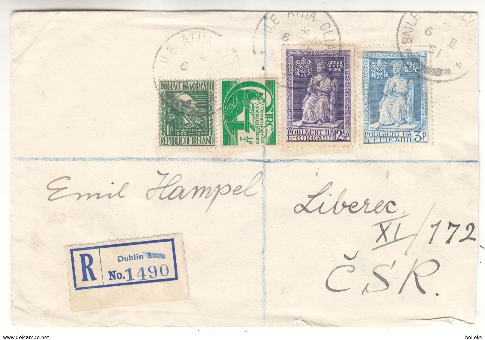 Irlande - Lettre Recom De 1951 - Oblit Baile Atha Cliath - Année Sainte - Petrus - - Storia Postale