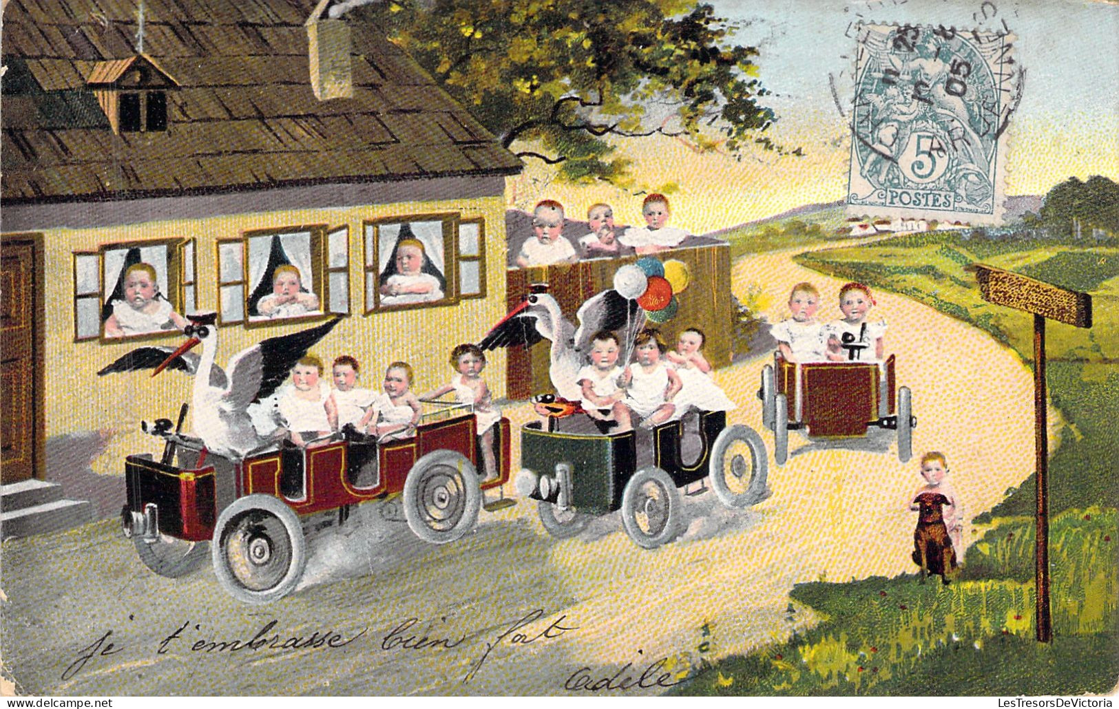 ENFANTS - Bébés - Dans Des Petits Trains Avec Cigognes Et Ballons  - Carte Postale Ancienne - - Children And Family Groups