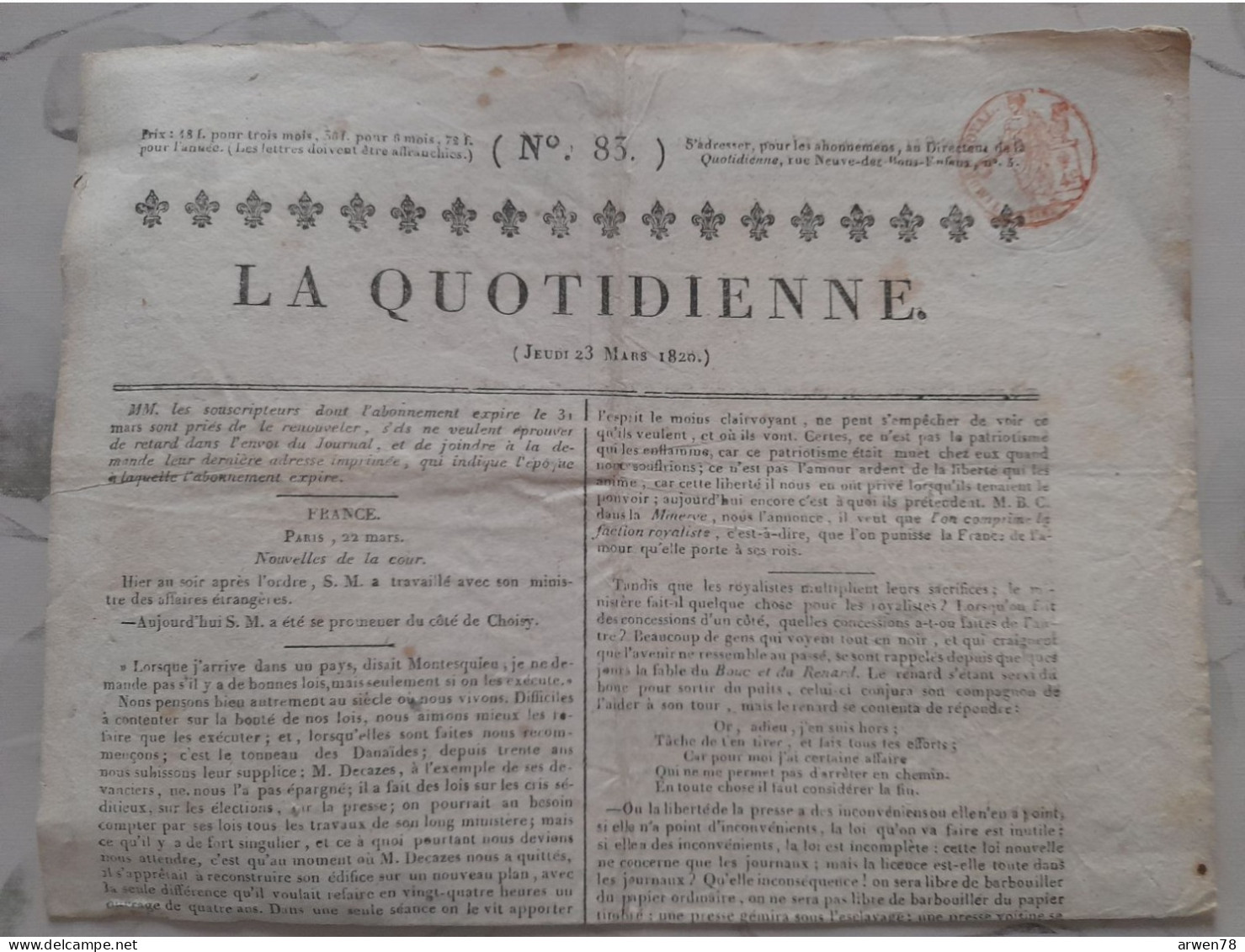 Journal LA QUOTIDIENNE 23 Mars 1820 Citation De MONTESQUIEU Sur Les Lois ( Toujours D'actualité ! ) - Newspapers - Before 1800