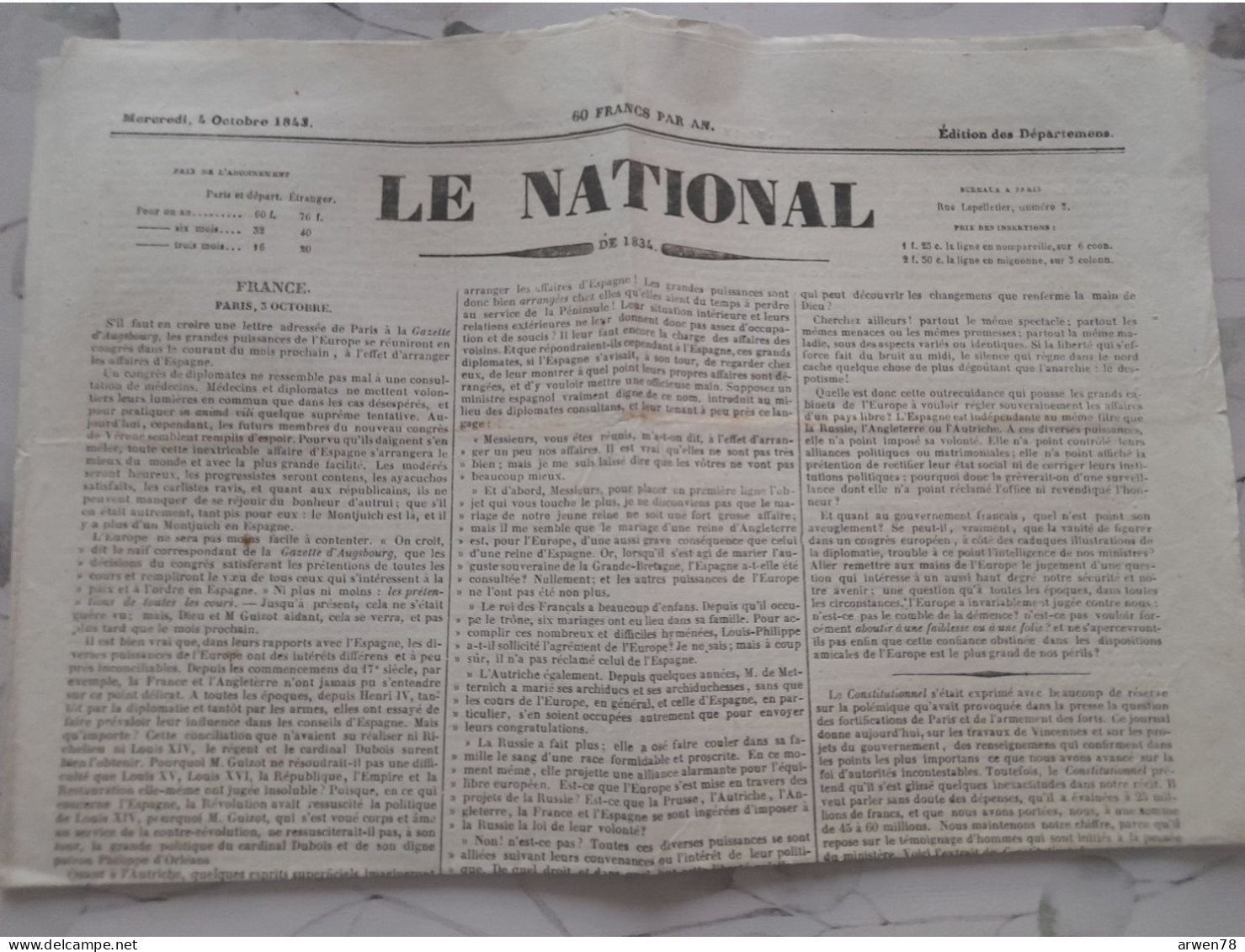 JOURNAL  LE NATIONAL 4 Octobre 1843 ACADEMIE DES SCIENCES (communiqué D'ARAGO Sur L'observation De JUPITER Et SATURNE ) - Journaux Anciens - Avant 1800