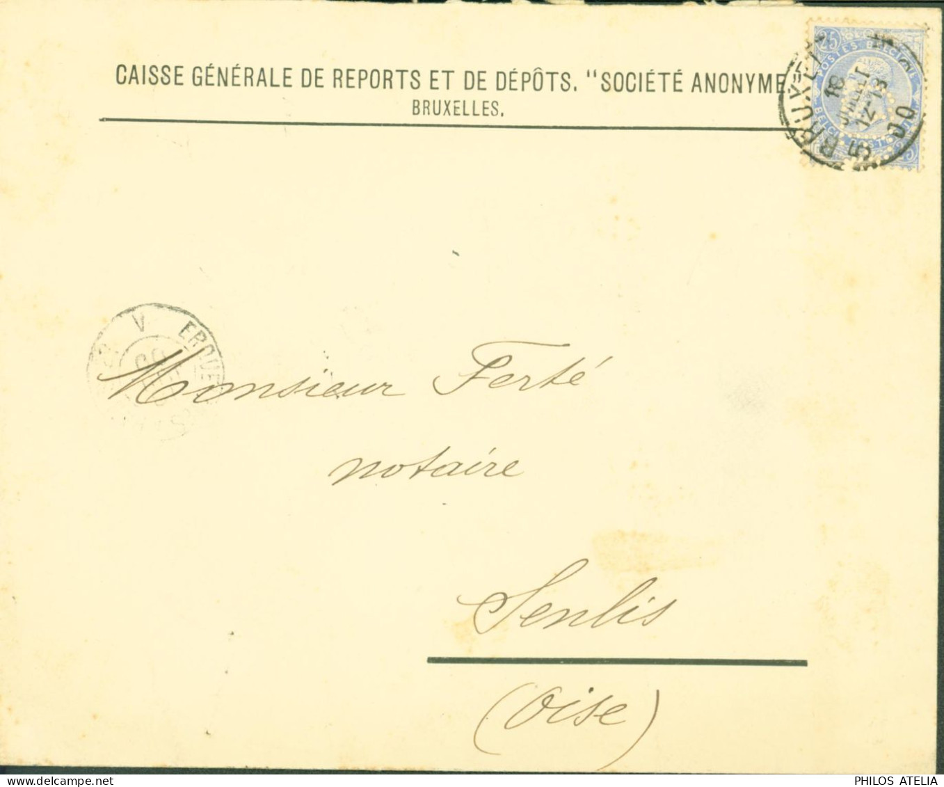 Belgique YT N°60 Léopold II 25ct Bleu Perforé Perforation CR Sté Générale De Reports Et Dépôts SA Bruxelles CAD 16 7 00 - 1934-51