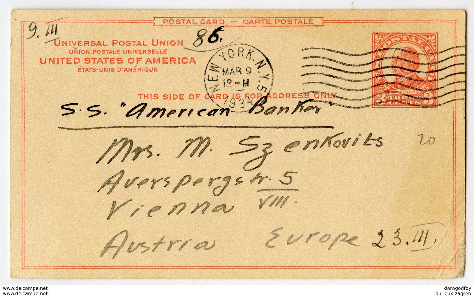 US Postal Stationery Postcard Travelled 1934 New York To Wien S.S. American Banker B171020 - 1921-40