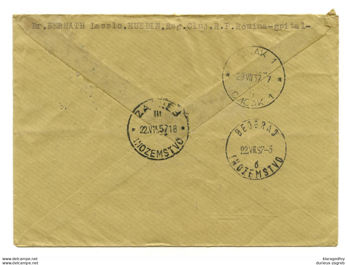 Romania Letter Cover Posted Registered 1957 Huedin To Siak B201101 - Brieven En Documenten