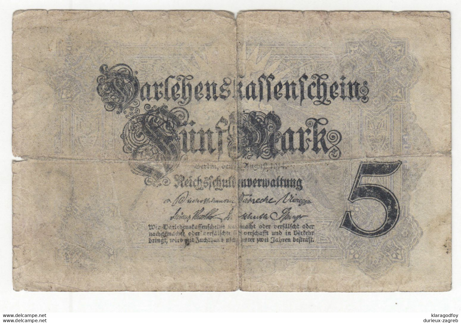 German Empire Darlehenskassenschein 5 MARK 1914 B201001 - 5 Mark