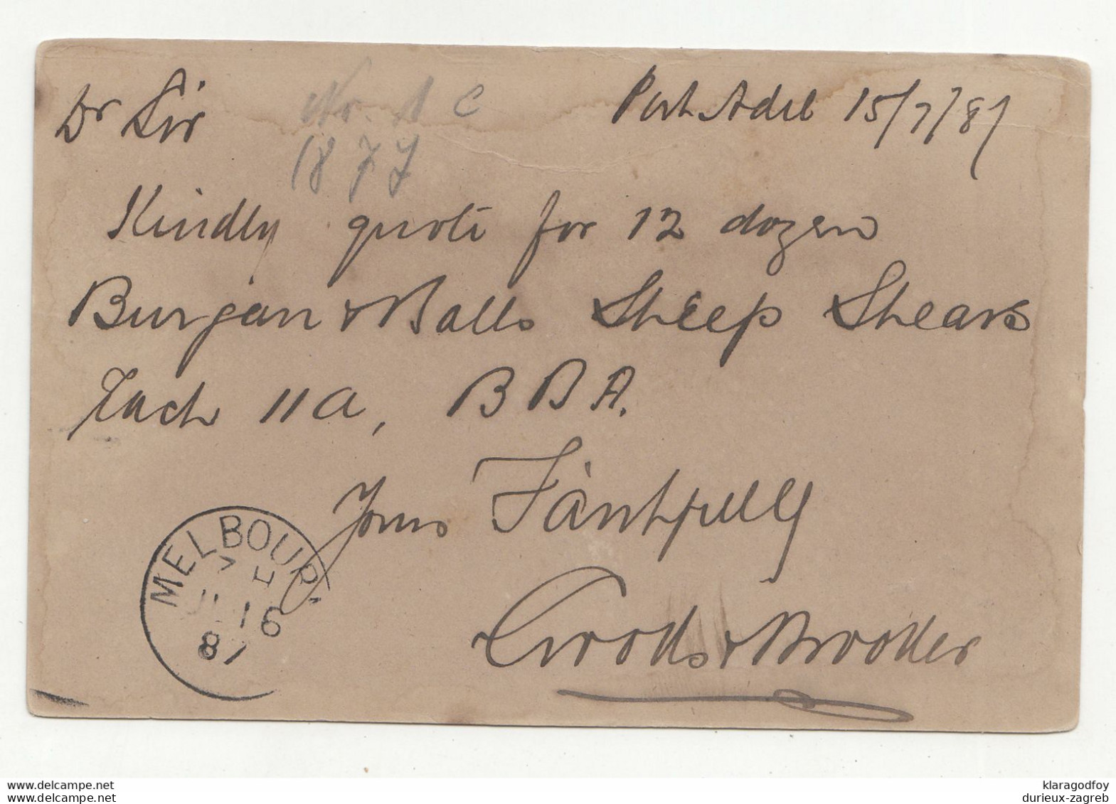 South Australia Queen Victoria Postal Stationery Postcard Posted 1887? B210526 - Altri & Non Classificati