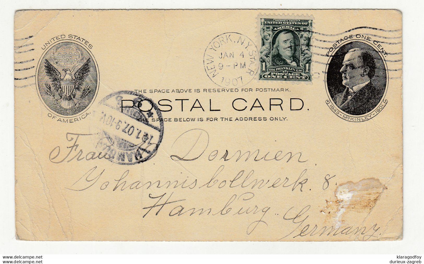 U.S. Postal Stationery Postcard Posted 1907 NY To Hamburg B210526 - Autres & Non Classés