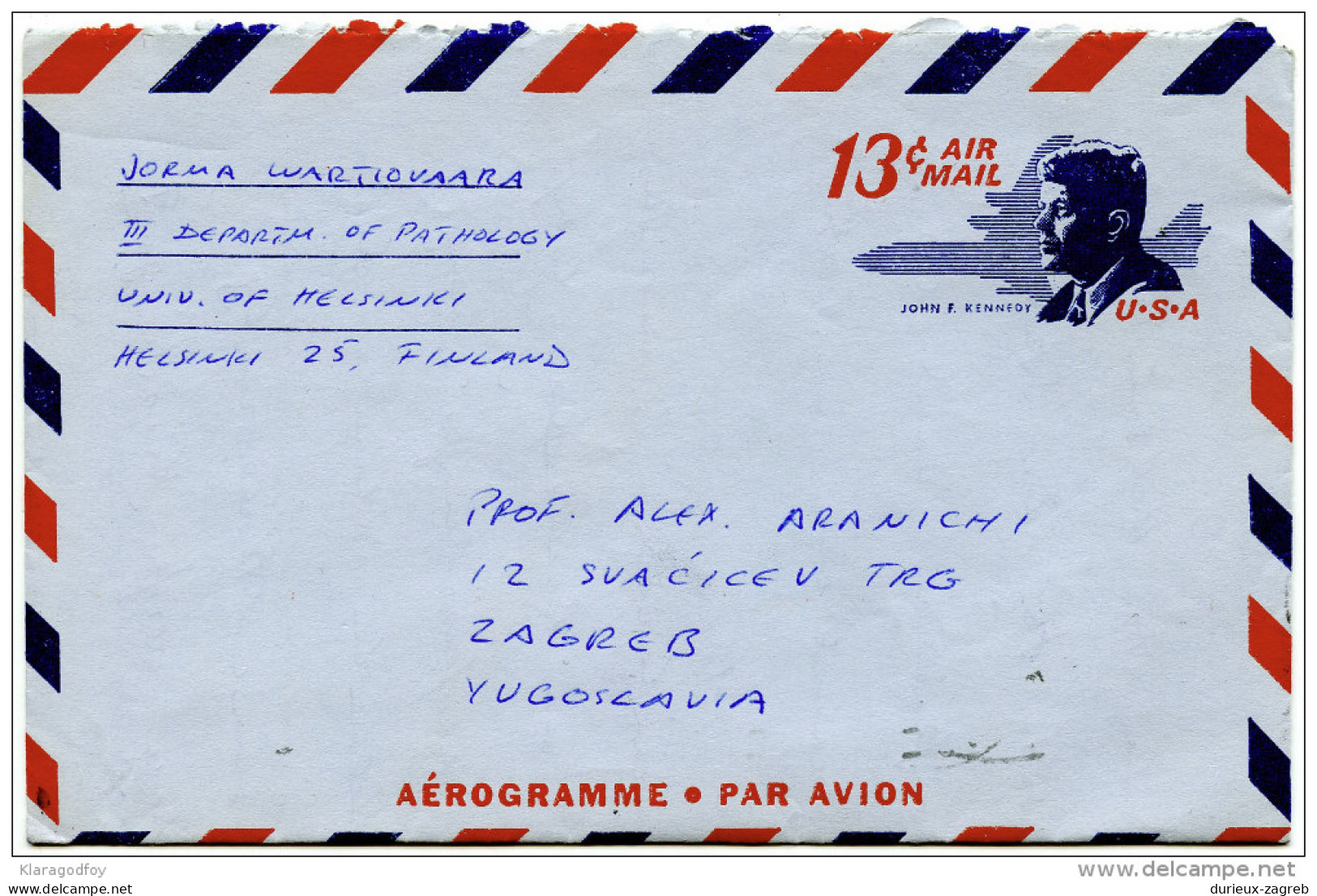 United States 13c Kennedy Aerogramme Travelled 1970 To Yugoslavia Bb160115 - 3a. 1961-… Oblitérés