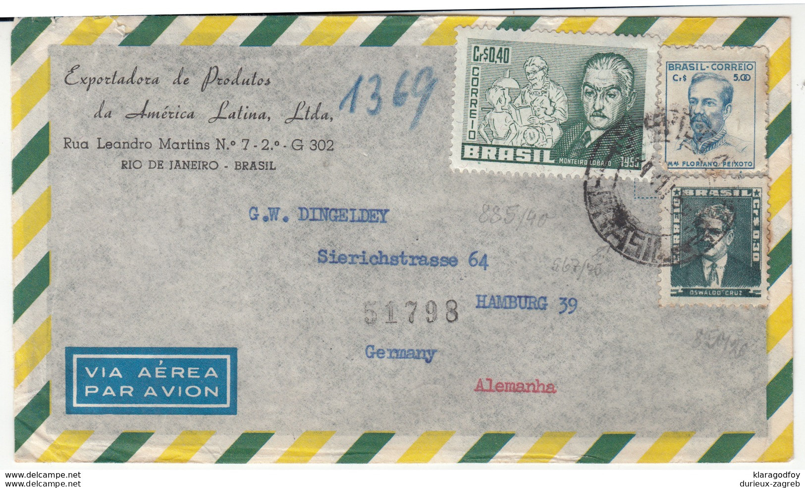 Brasil, Exportadora De Produtos Da America Latina, Ltd. Airmail Letter Cover Travelled 1956 To Hamburg B180122 - Brieven En Documenten