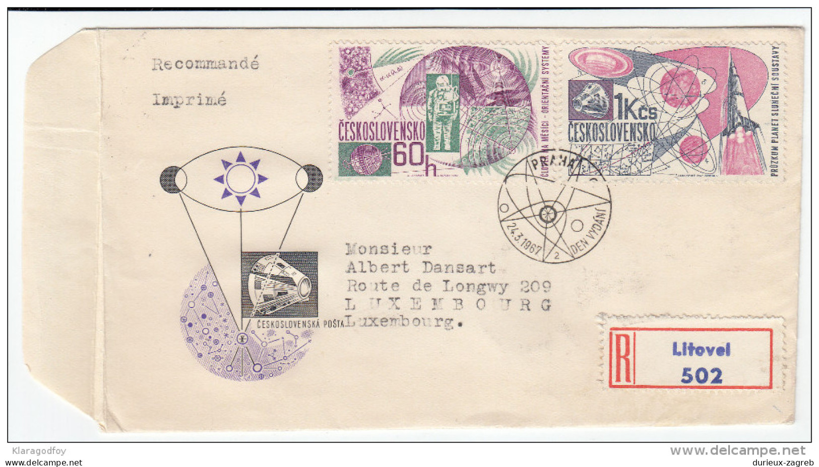 Space Stamps Registered Travelled 1967 Czechoslovakia To Luxembourg Bb160429 - Andere & Zonder Classificatie
