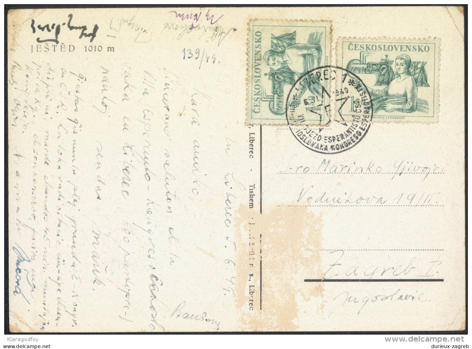 Esperanto Czechoslovakia 1949 7th Congress Special Postmarks On Postcard Jested Travelled Bb150916 - Esperanto