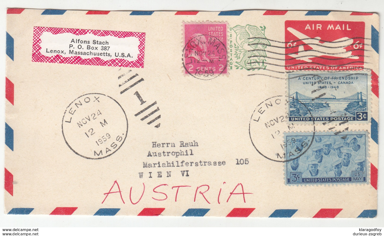 1c Overprinted Postal Stationery Letter Cover Posted 1959 Lenox To Austria - Uprated - Christmas Seals B191215 - 1941-60