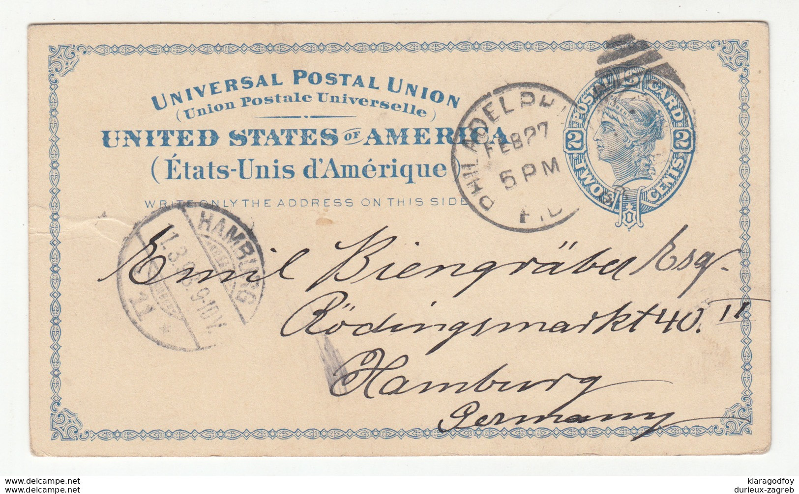 United States UPU Postal Stationery Postcard Travelled 1892 Philadelphia To Hamburg B180901 - ...-1900