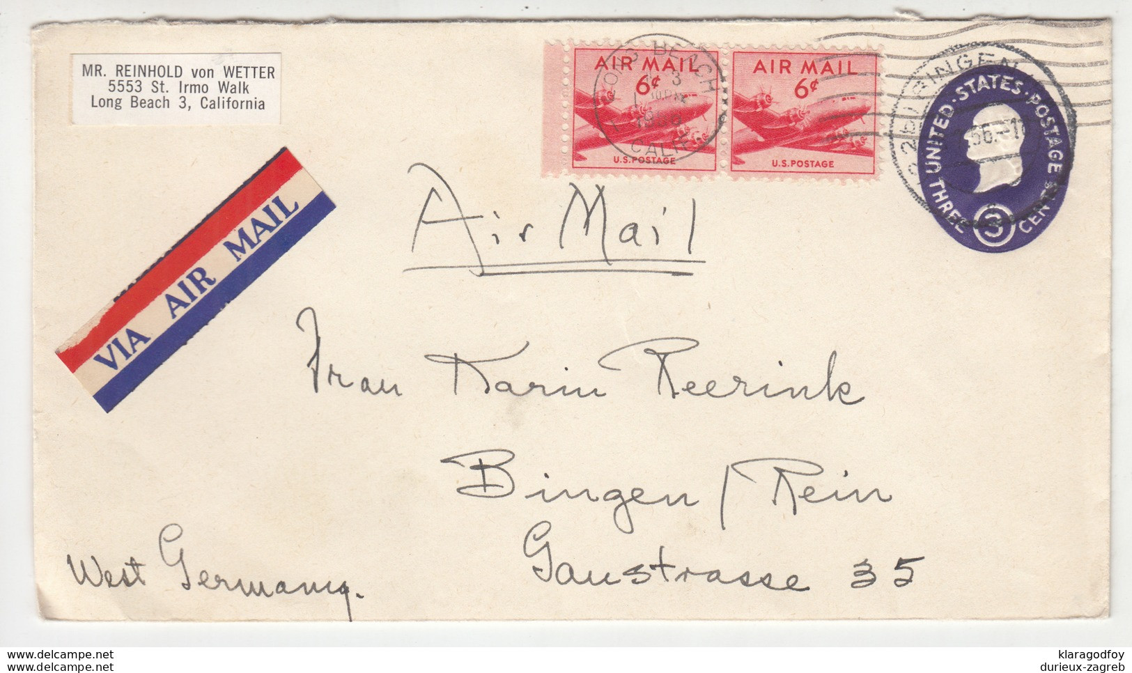 US, Postal Stationery Letter Cover Airmail Travelled 1956 Long Beach To Bingen B190401 - 1941-60