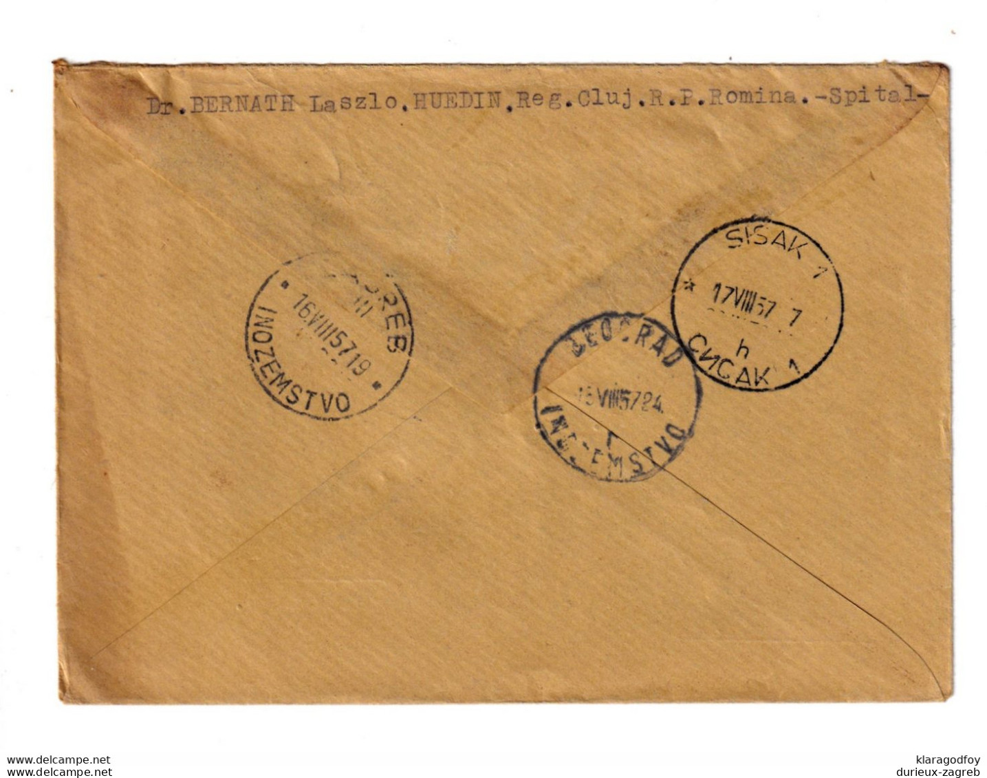 Romania Letter Cover Posted Registered 1957 Huedin To Sisak B201210 - Lettres & Documents