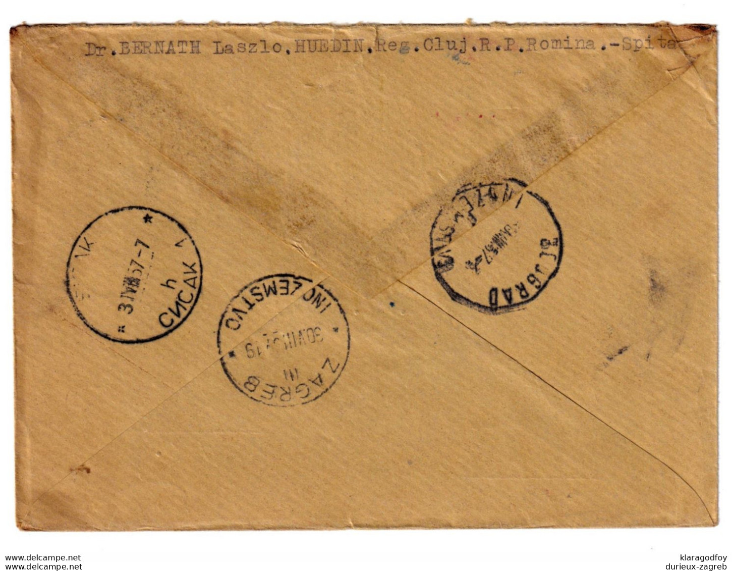 Romania Letter Cover Posted Registered 1957 Huedin To Sisak B201210 - Lettres & Documents