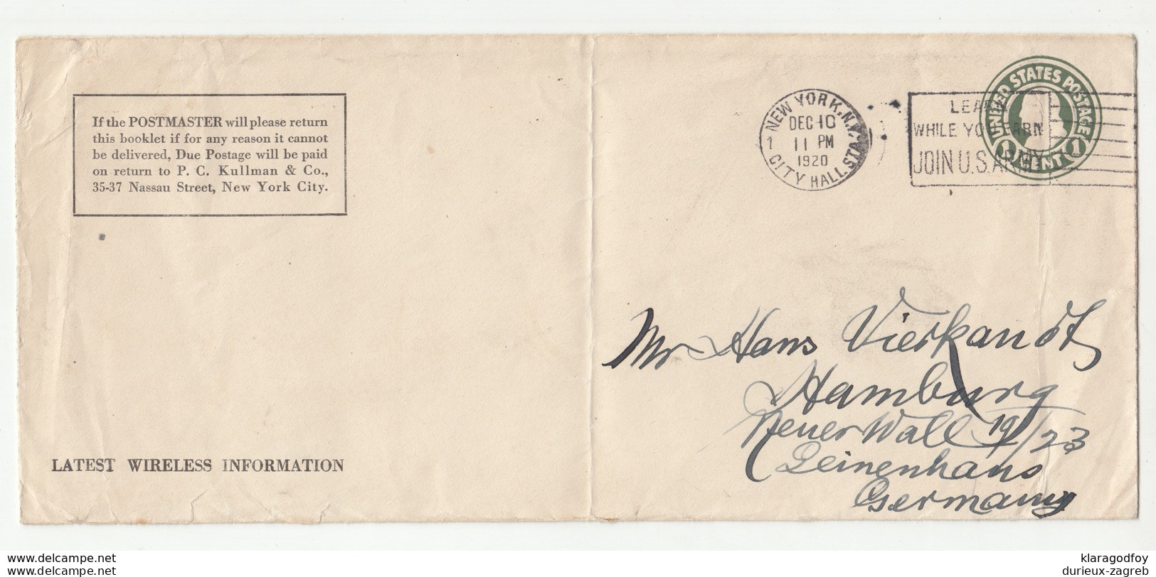 United States Postal Stationery Letter Cover Posted 1920 NY To Germany B200501 - Sonstige & Ohne Zuordnung