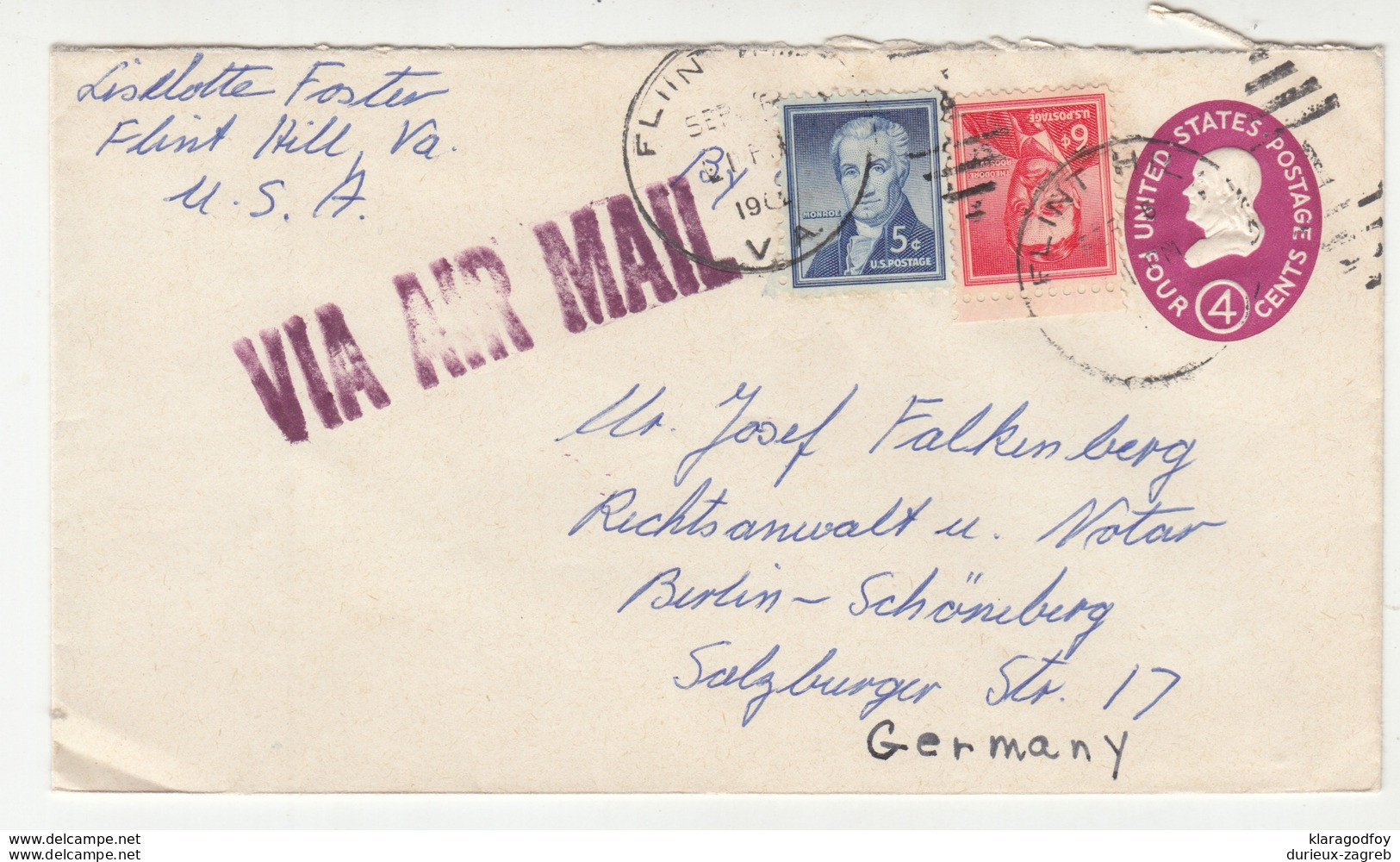 United States Postal Stationery Letter Cover Posted 195? To Germany - Uprated B200501 - Sonstige & Ohne Zuordnung