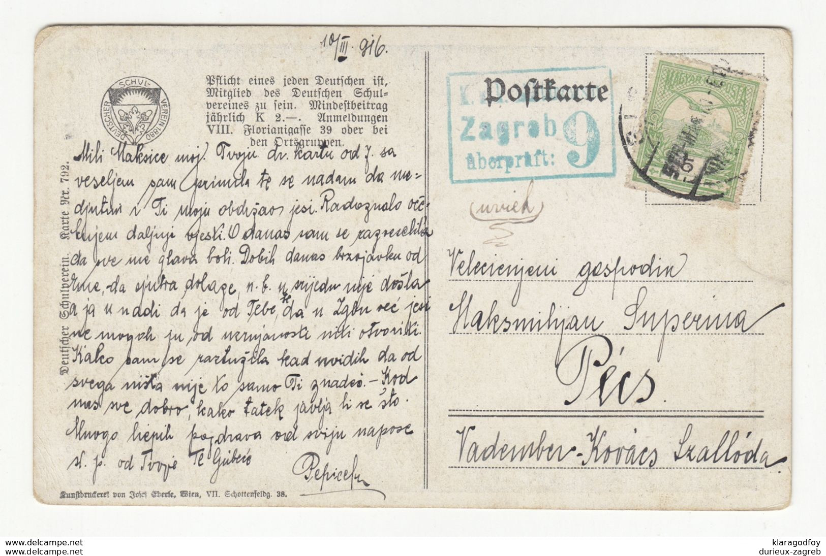 Franz Kuderna: Muttersprache. Old Deutsche Schulverein Postcard Posted 1916 Sisak To Pecs - Censored B200701 - Kuderna