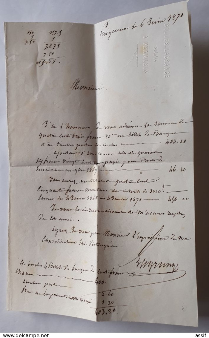 France Lettre 1871 49 Bordeaux + 29 Empire Périgueux Pour Langres Lettre Chargée Contre Remboursement - 1870 Bordeaux Printing