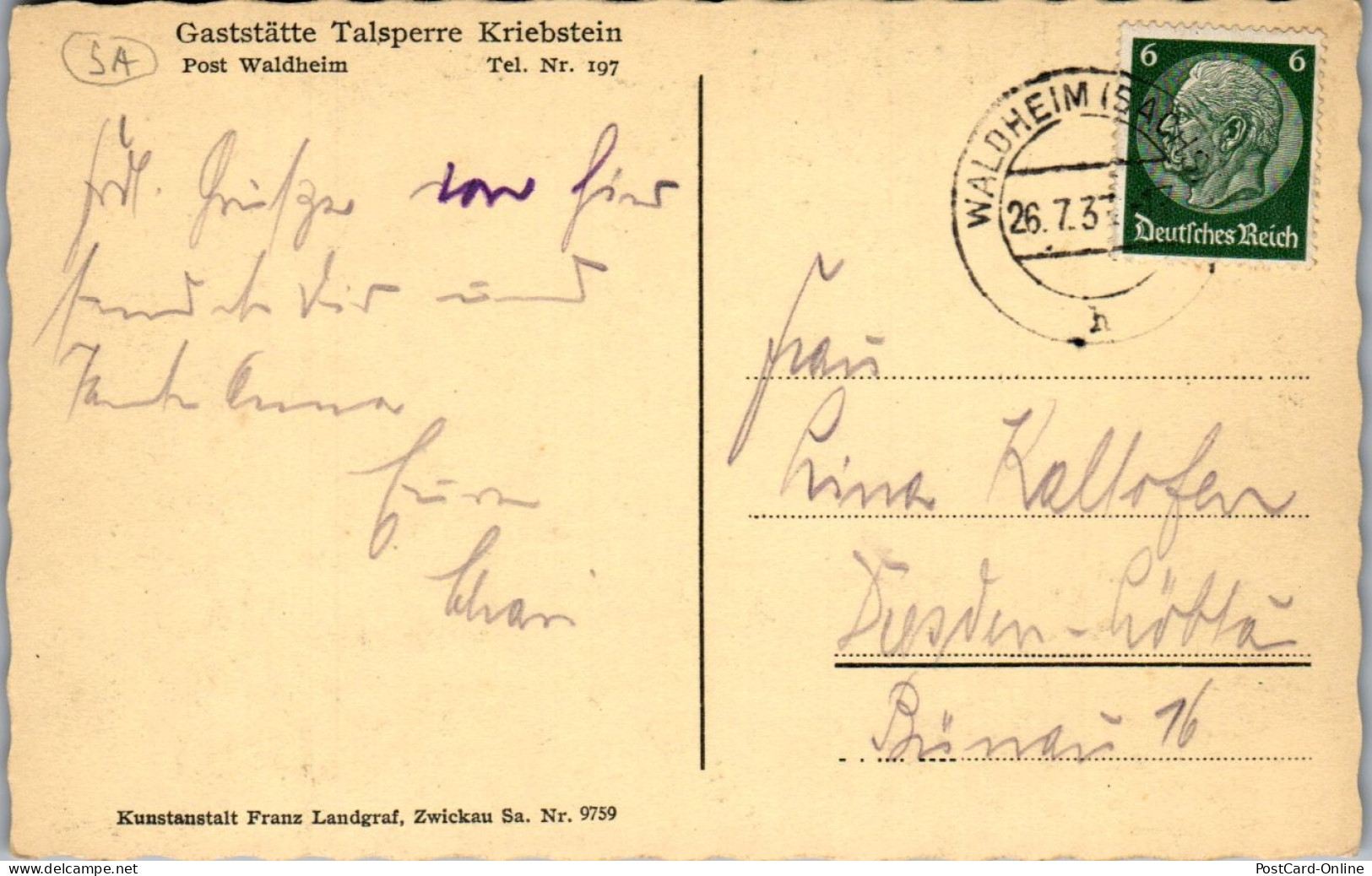 43715 - Deutschland - Waldheim , Schloss Kriebstein - Gelaufen 1937 - Waldheim