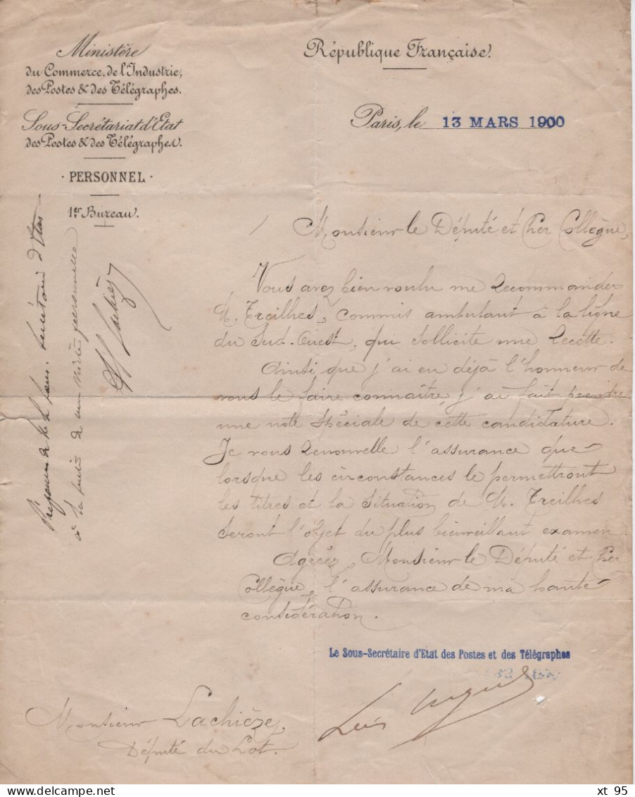 Postes Et Telegraphes - 1900 - Recommandation D Un Commis Ambulant A La Ligne Du Sud Ouest - Railway Post