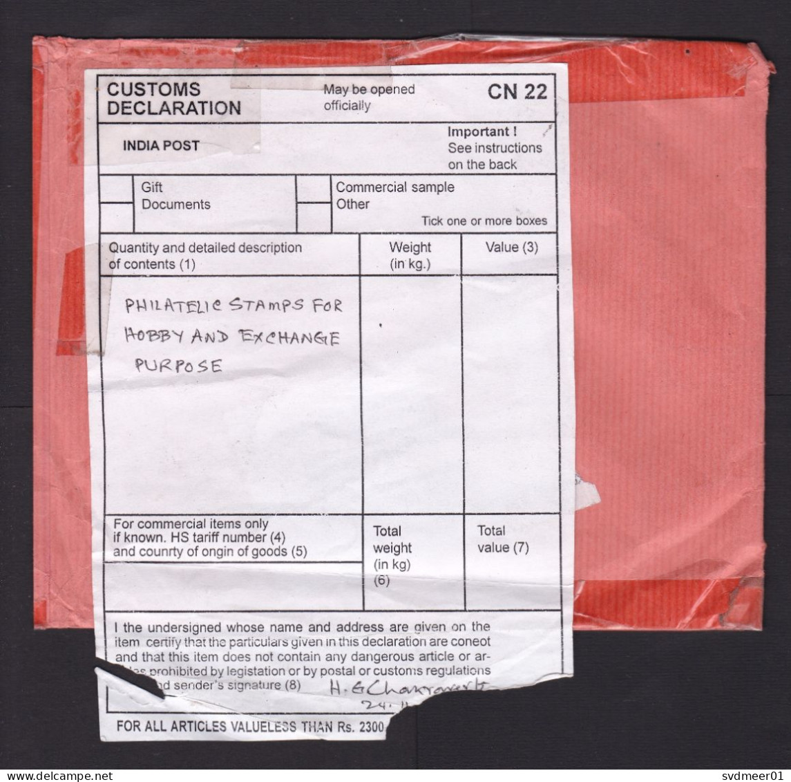 India: Registered Airmail Cover To Russia, 2011, ATM Machine Label, CN22 Customs Declaration Form (damaged) - Brieven En Documenten