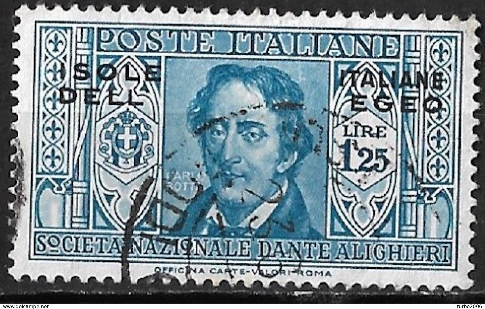 DODECANESE 1932 Overprint Isole Italiano Dell Egeo On Italian Stamps Of Dante £ 1.25 Blue Vl. 26 Used Rodi - Dodekanisos