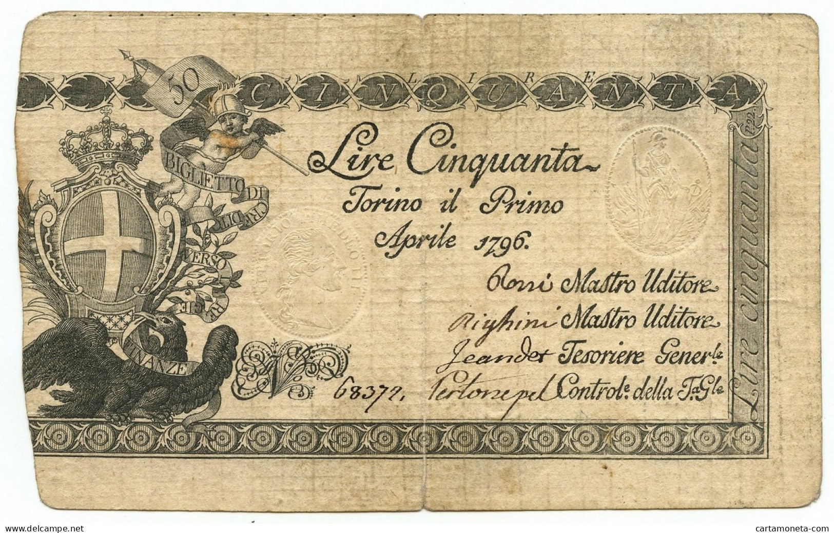 50 LIRE REGIE FINANZE TORINO REGNO DI SARDEGNA 01/04/1796 QBB - Autres & Non Classés