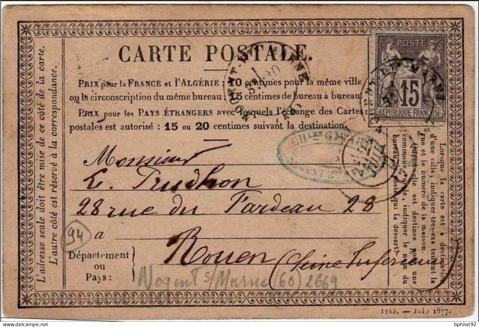 !!! CARTE PRECURSEUR SAGES CACHET DE NOGENT SUR MARNE ( VAL DE MARNE ) 1877 - Cartes Précurseurs