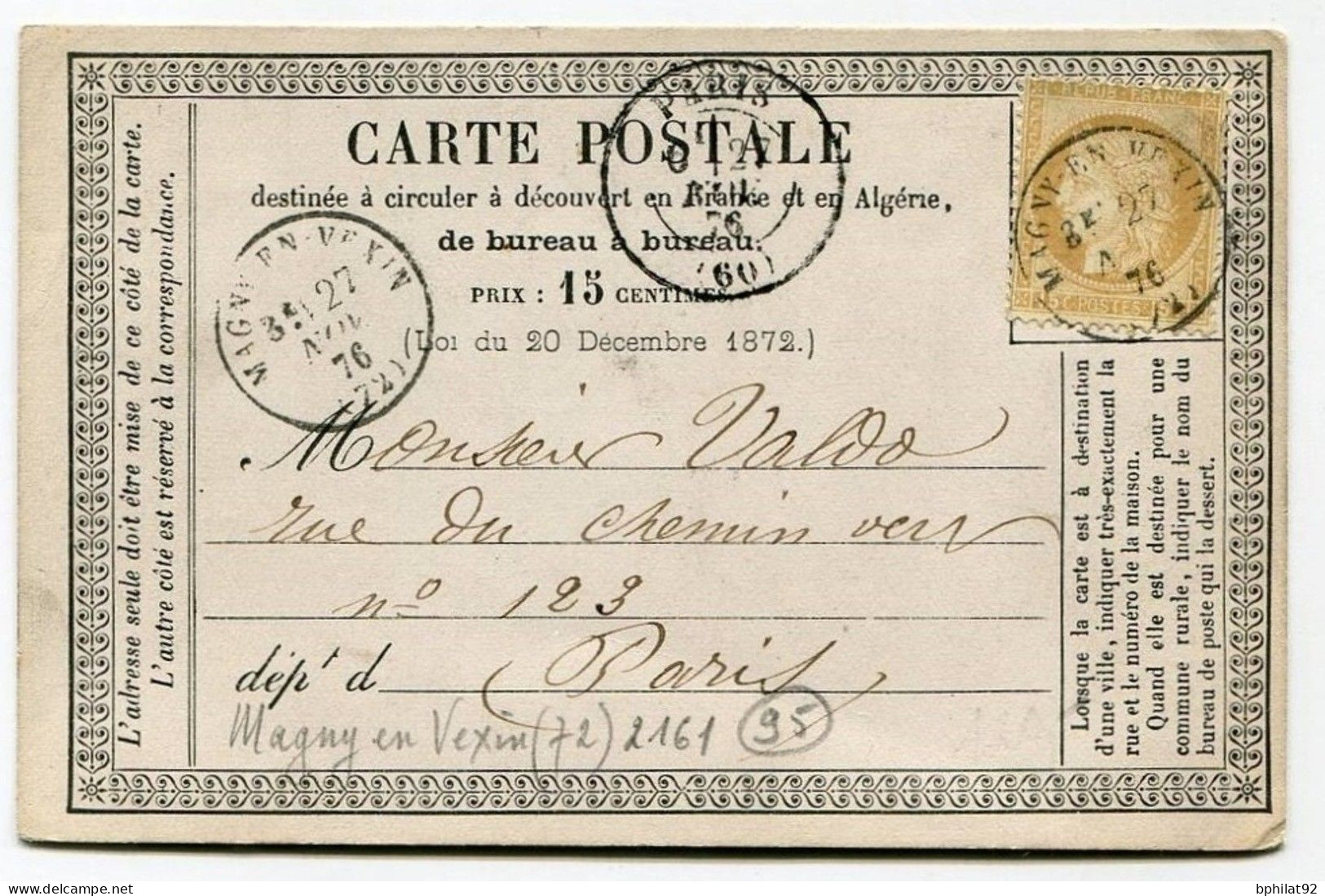 !!! CARTE PRECURSEUR CERES CACHET DE MAGNY EN VEXIN (VAL D'OISE) 1876 - Cartes Précurseurs