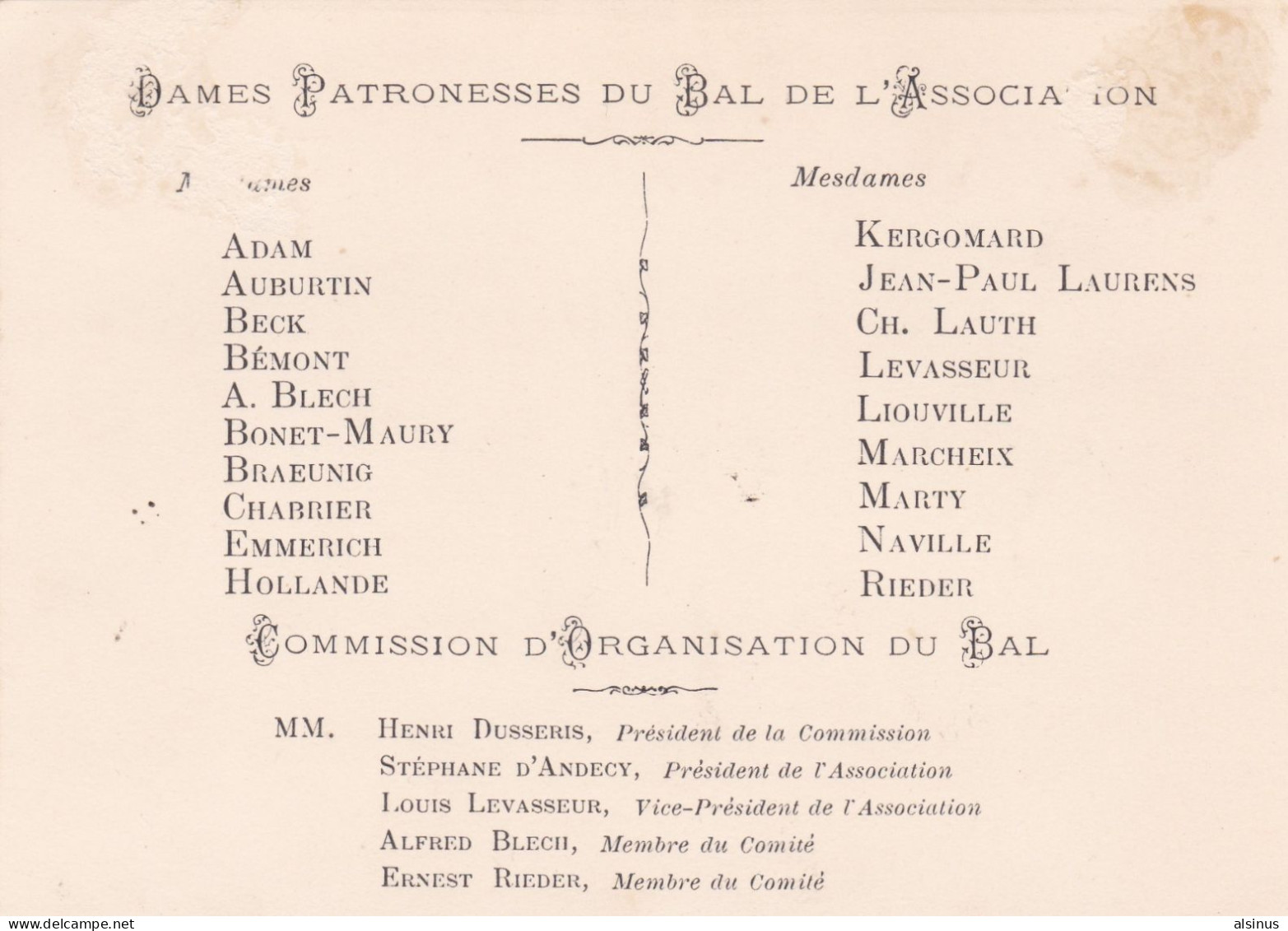 ASSOCIATION ANCIENS ELEVES ECOLE ALSACIENNE - INVITATION POUR LE BAL DU 26 MARS 1887 - 109 RUE NOTRE DAME DES CHAMPS - Sonstige & Ohne Zuordnung