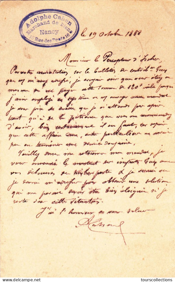 ENTIER POSTAL CARTE POSTALE De 1888 Cachet Adolphe Cahen Nancy 54 à Isches 88 - à Goichon Percepteur Impôts - Vorläufer