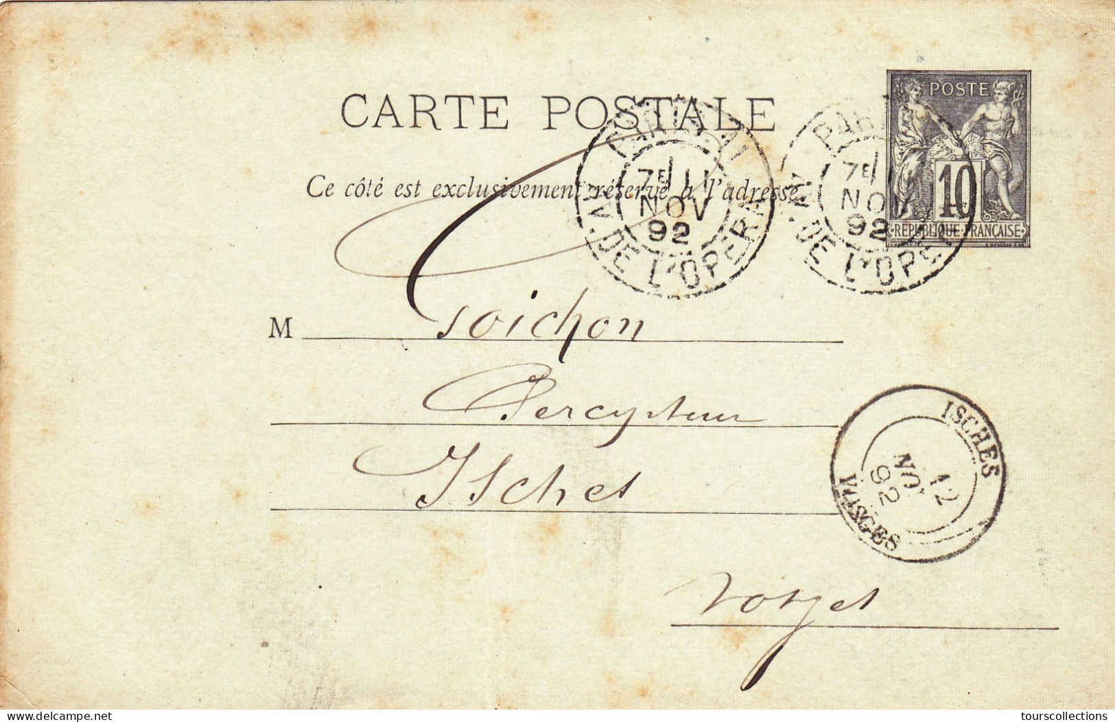 ENTIER POSTAL CARTE POSTALE De 1892 Cachet Jules Rouff Editeur Paris Opéra à Isches 88 - à Goichon Percepteur Impôts - Cartes Précurseurs