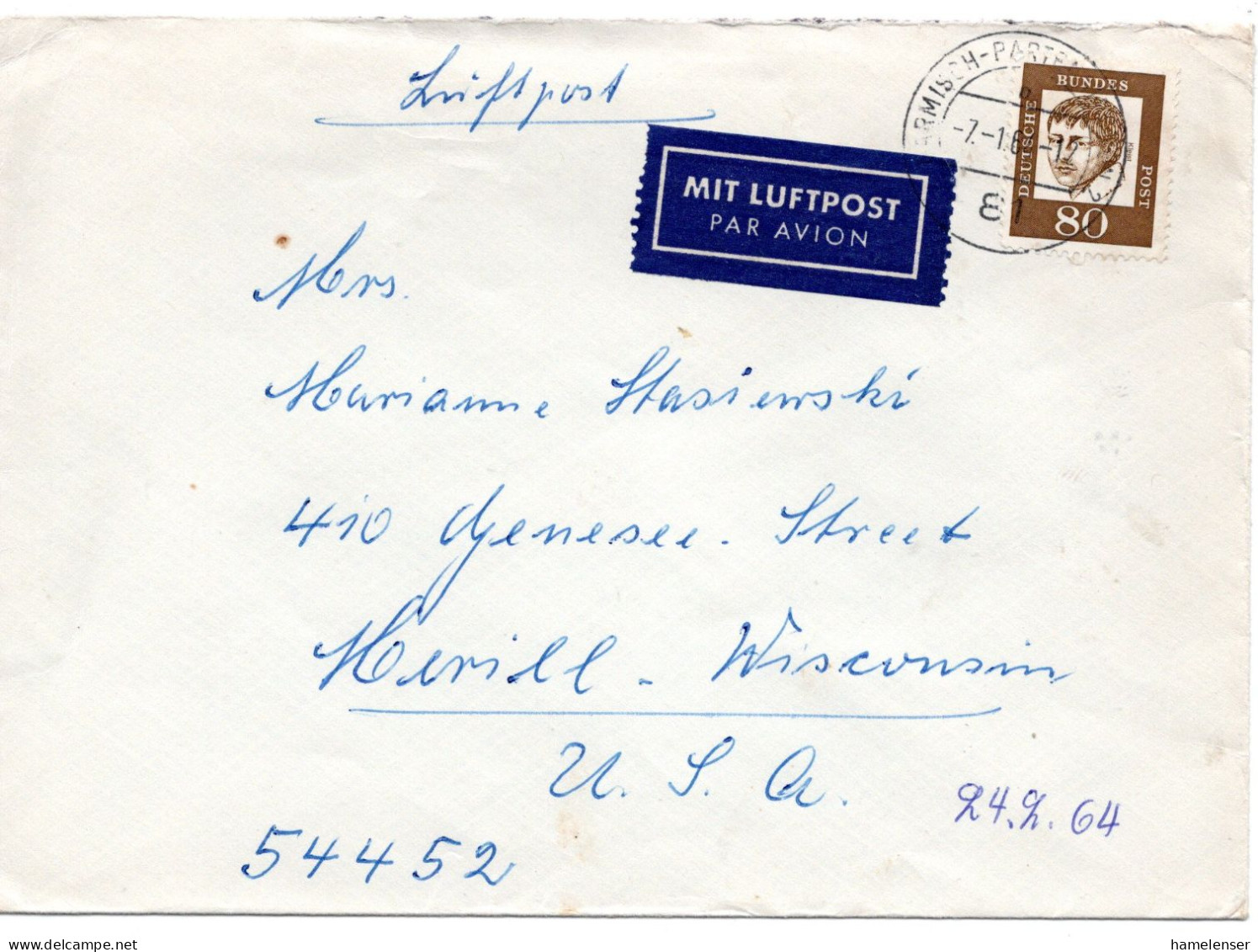 70323 - Bund - 1964 - 80Pfg Kleist EF A LpBf GARMISCH-PARTENKIRCHEN -> Merrill, WI (USA) - Briefe U. Dokumente
