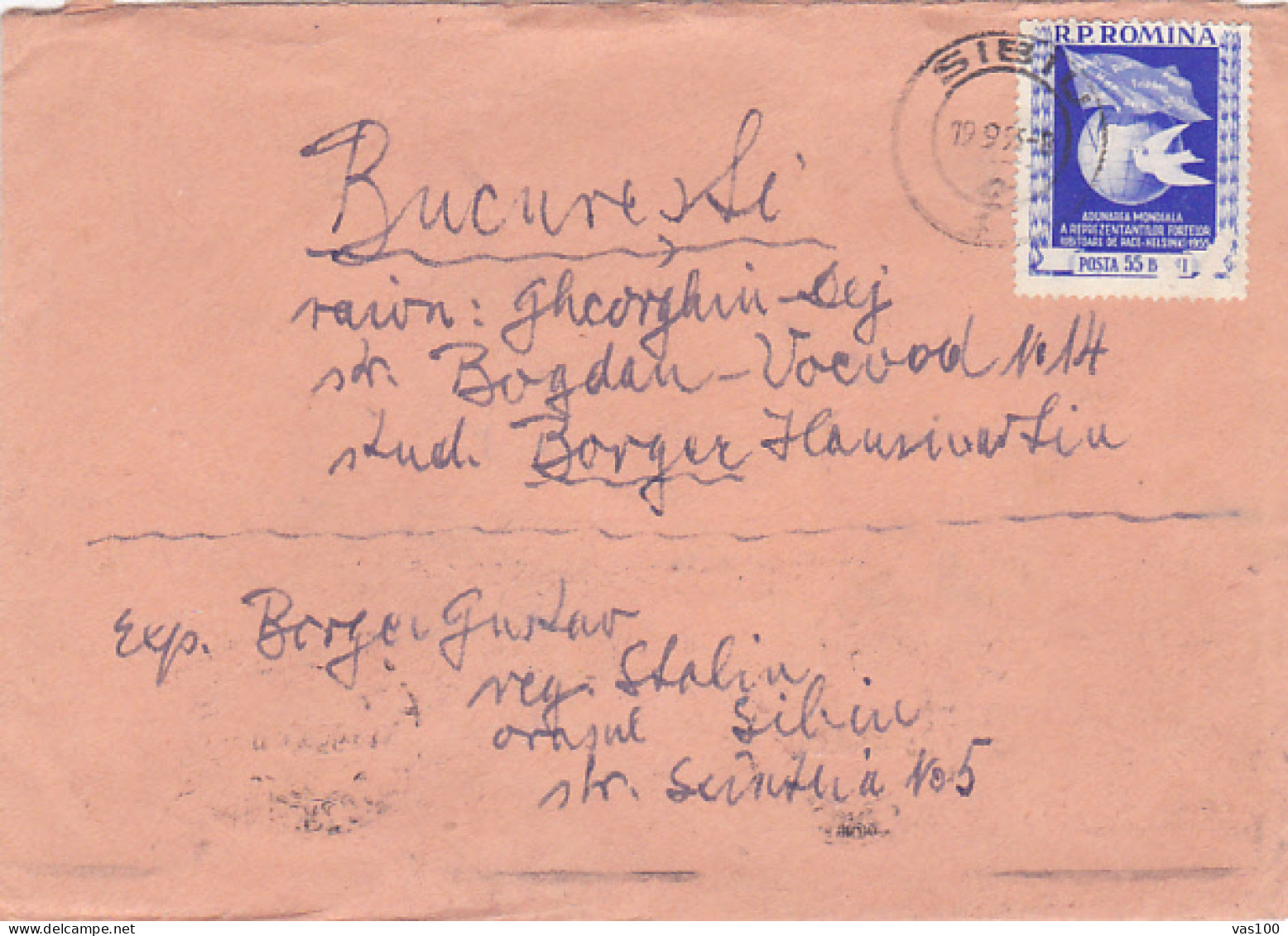 PEACE ASSEMBLY, STAMP ON COVER, 1955, ROMANIA - Briefe U. Dokumente