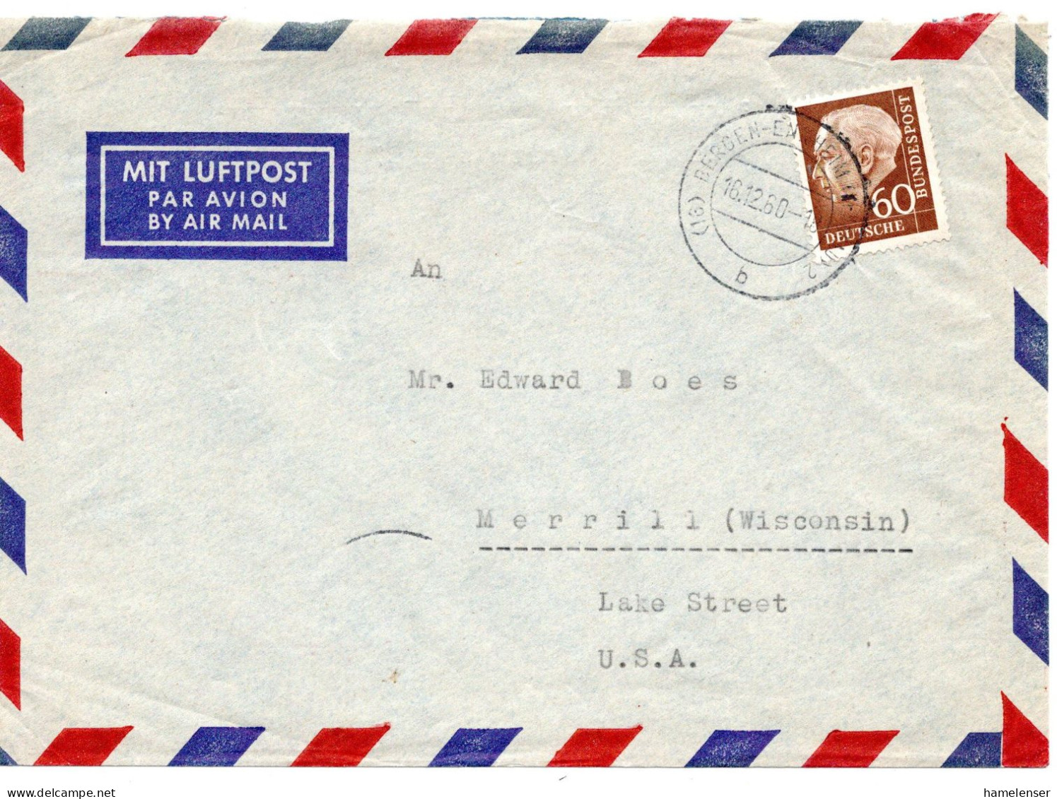 70325 - Bund - 1960 - 60Pfg Heuss II EF A LpBf BERGEN -> Merrill, WI (USA) - Lettres & Documents