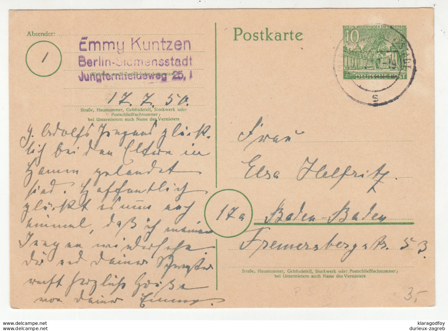 Berlin Postal Stationery Postcard Postkarte Travelled 1950 B190510 - Cartoline - Usati