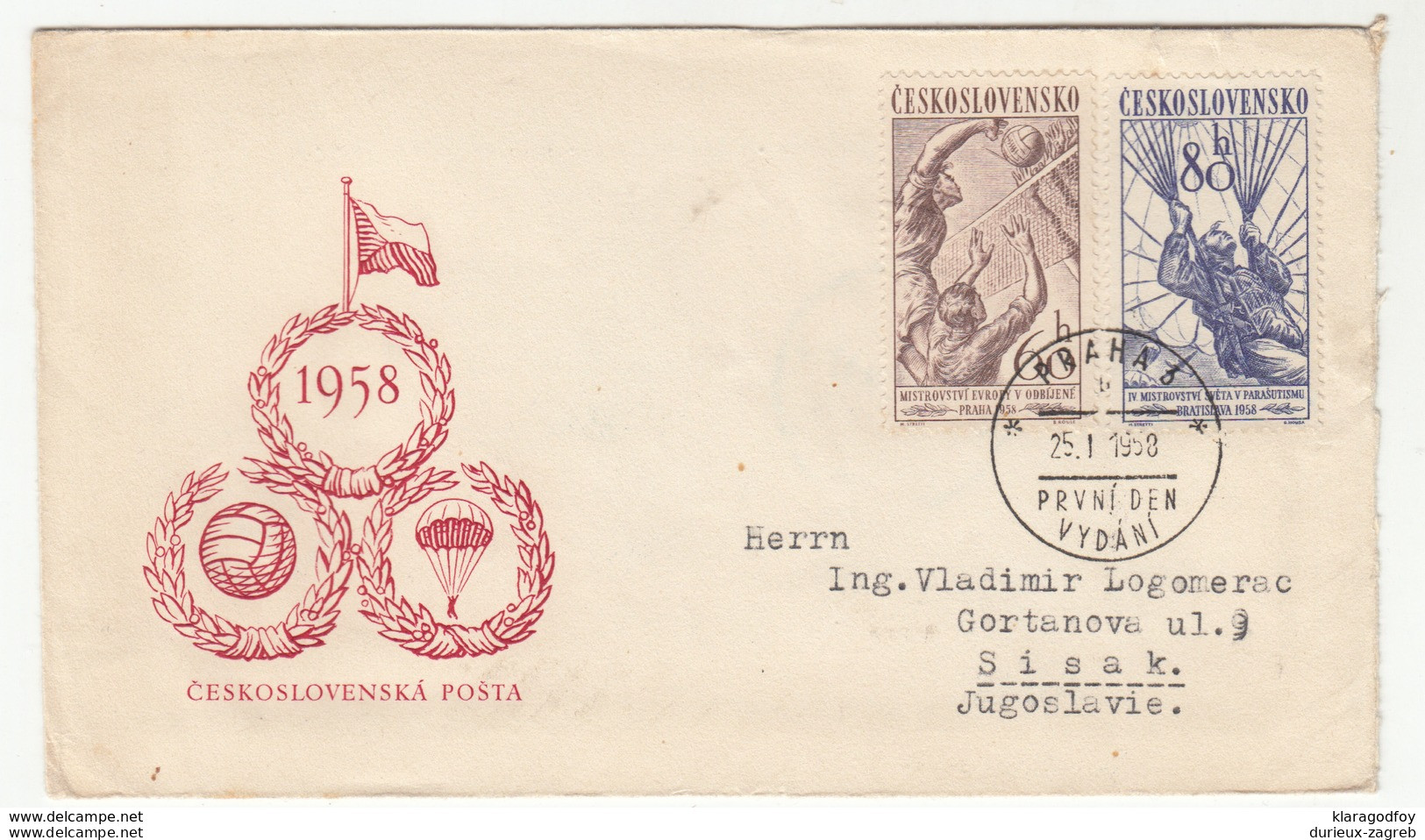 Czechoslovakia, Volleyball & Parachutting Championships 1958 FDC Travelled 1958 B190320 - Parachutespringen