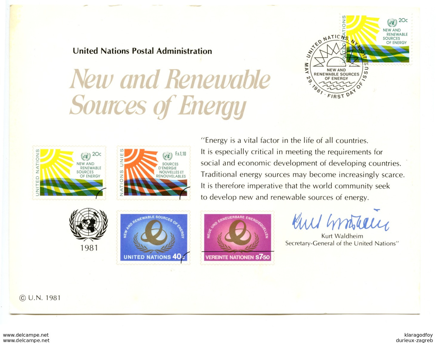 UN 1981 MC Renewable Sources Of Energy Card 200401 - Lettres & Documents