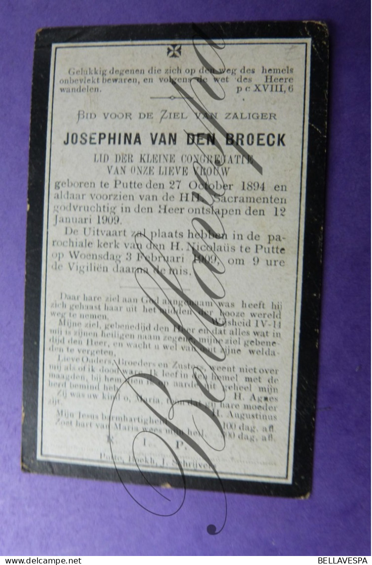 Josephina VAN DEN BREOCK Putte 1894 - 1909 - Décès